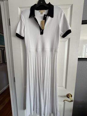 NWT Michael Kors Knit Polo Pleated Midi Dress - White with Black Trim